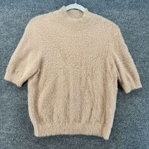 Cara Santana Sweater Womens L Beige Furry Mock Neck Crop Old Money Preppy‎ Chic